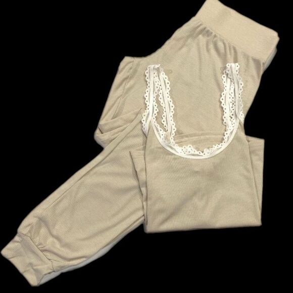 Victoria’s Secret Ribbed Cami Tank & pants lightweight pajama set champagne M - Picture 3 of 5